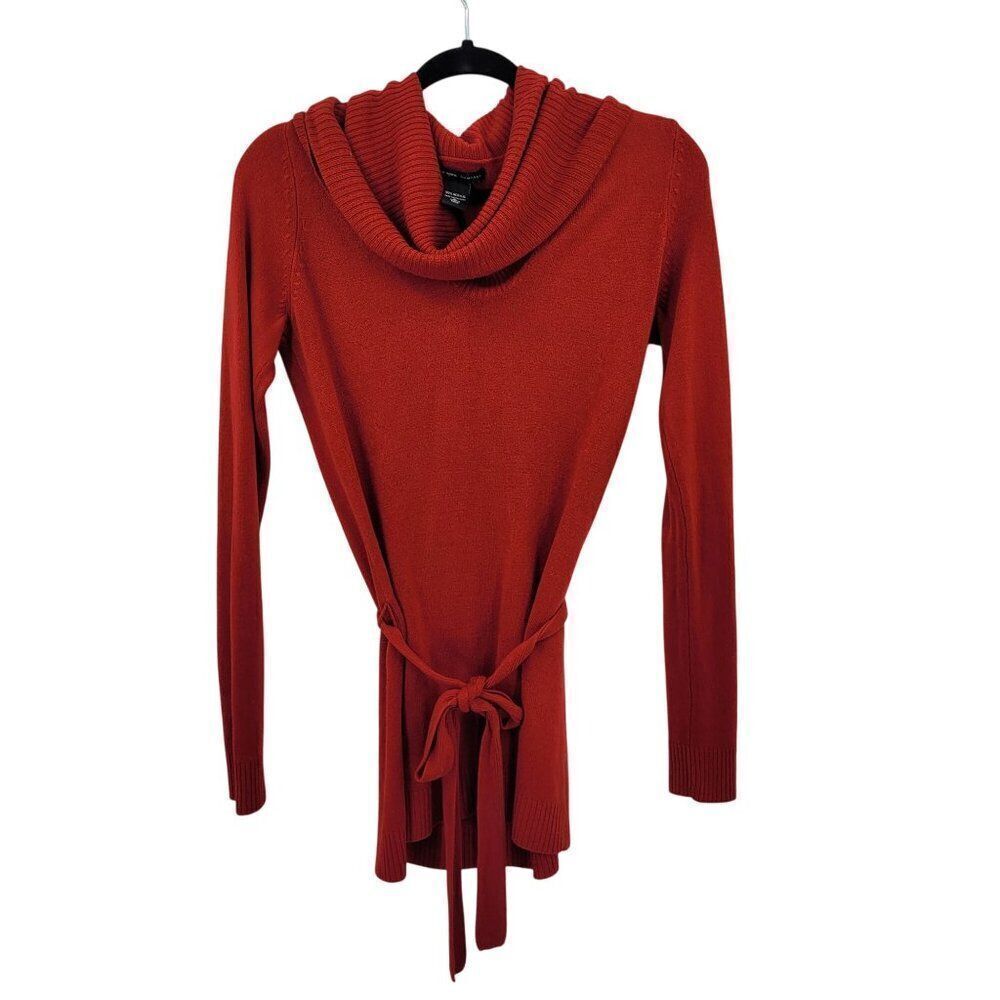 New York & Company Red Long-Sleeve Cowl Neck Sweater‎ Tunic Dress L Tie Waist